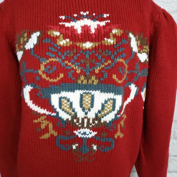 Vintage Red Puff Sleeve Sweater High Neck Button Detail Teapot Cottagecore Sz S - Picture 6 of 14
